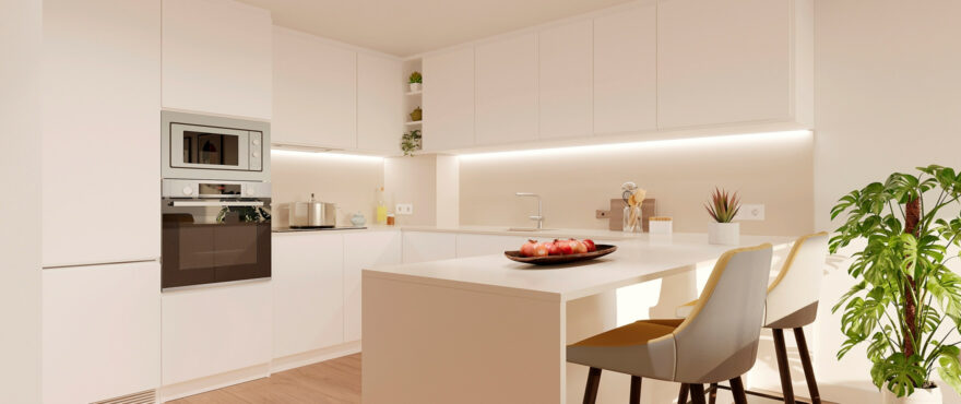 Cocina moderna y abierta en los nuevos apartamentos Sora
