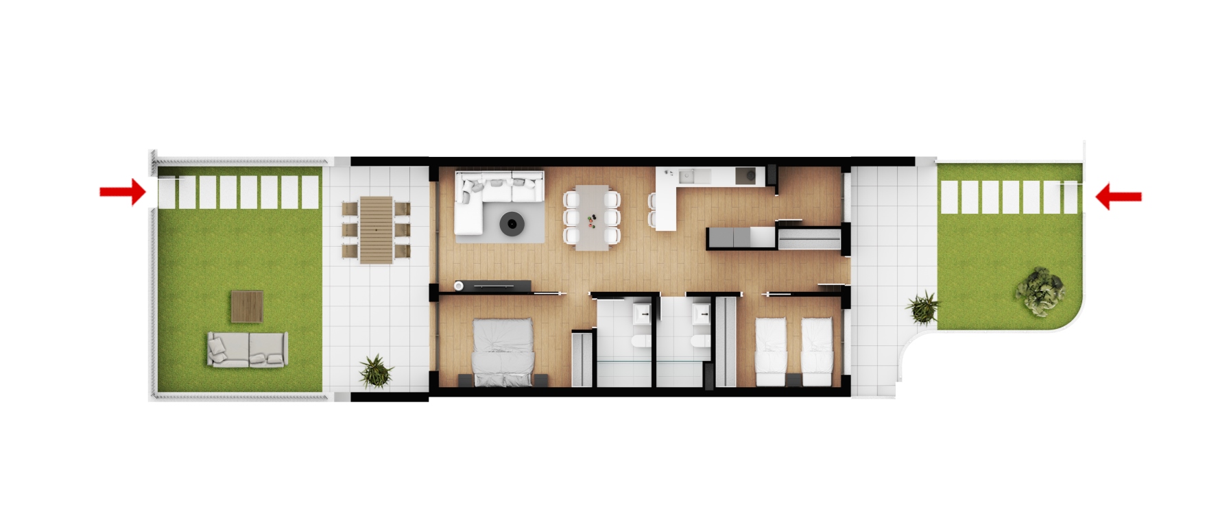 Sora, plan apartamentu na parterze z 2 sypialniami