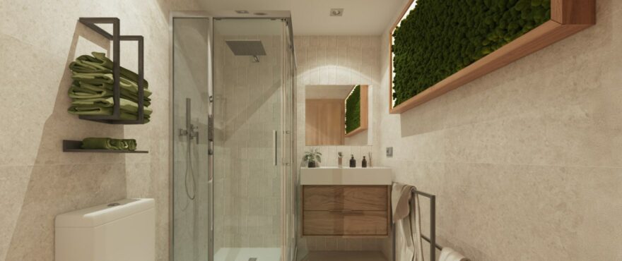 Baño moderno y completo en Valley Views, con mamparas instaladas