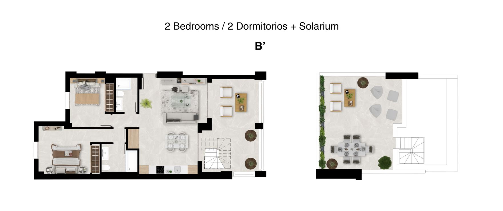 Valley Views, plattegrond 2 slaapkamers + Solarium
