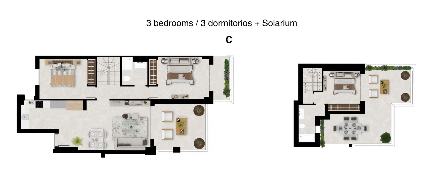 Valley Views, plattegrond 3 slaapkamers + Solarium