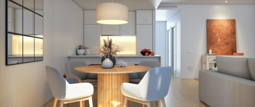 Modern open plan kitchen in the new apartments