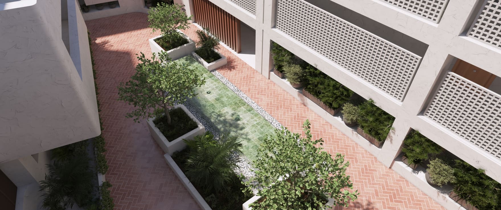 Patio at the new apartments at Fuente Lirios, Benahavís.