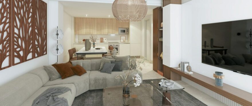 Bright living room at the new homes at Fuente Lirios, in Benahavís