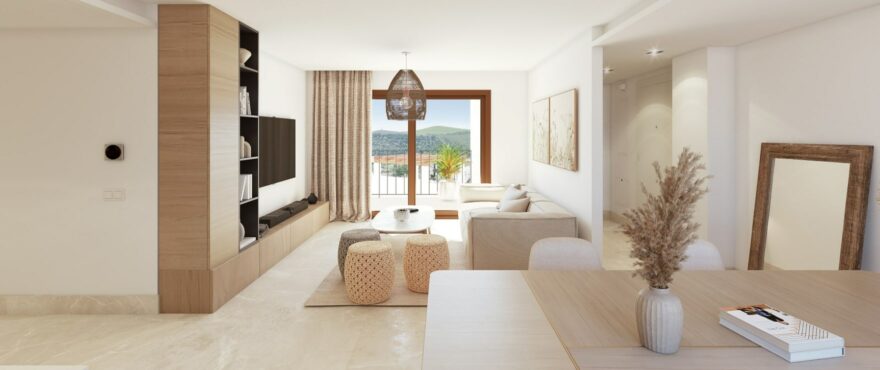 Bright dining room and open-plan kitchen at the new homes at Fuente Lirios