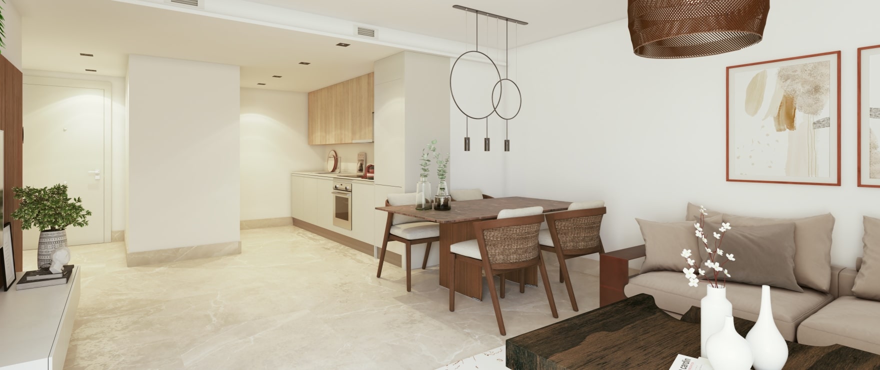 Comedor luminoso y cocina abierta en las nuevas viviendas Fuente Lirios