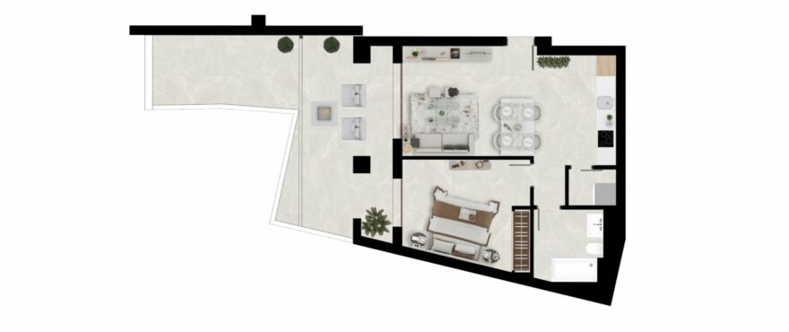 Plan of a 1-bedroom, 1-bathroom apartment.