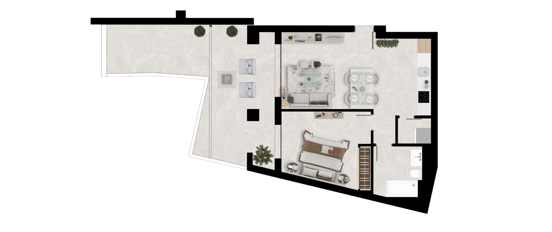 Plano apartamento 1 dormitorio y 1 baño.