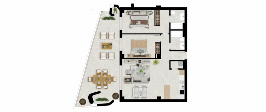 Plan of a 2-bedroom, 2-bathroom apartment.