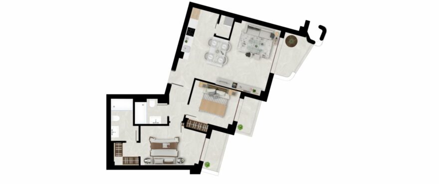 Plan of a 2-bedroom, 2-bathroom apartment.