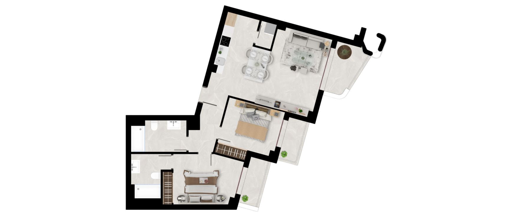 Plano apartamento 2 dormitorios y 2 baños.
