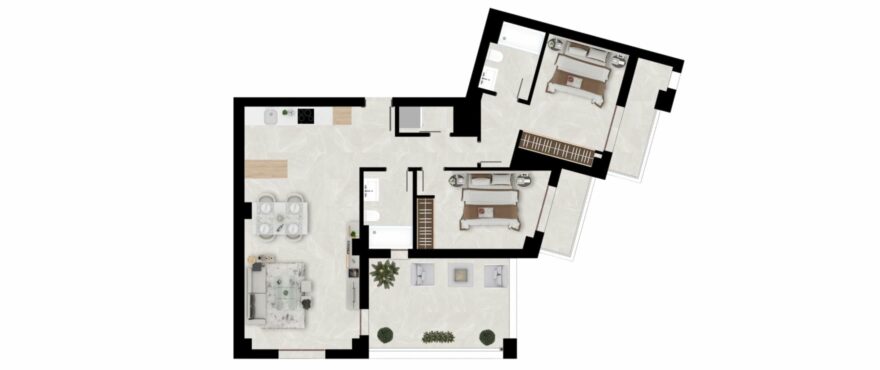 Plan of a 2-bedroom, 2-bathroom apartment.