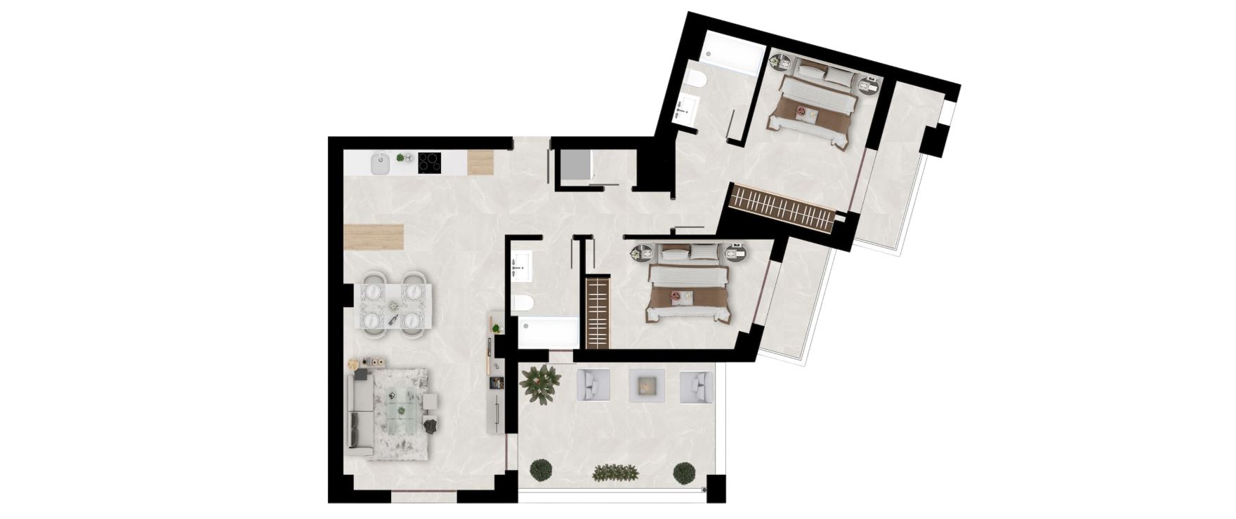 Plano apartamento 2 dormitorios y 2 baños.