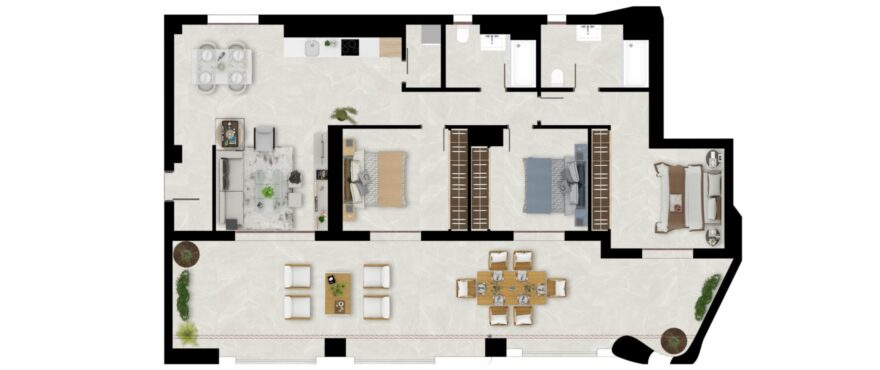 Plan of a 3-bedroom, 2-bathroom apartment.