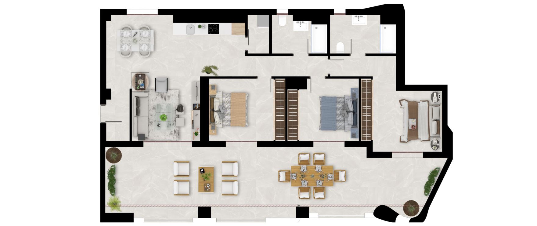Plano apartamento 3 dormitorios y 2 baños.