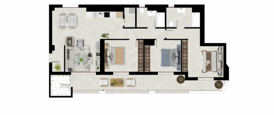 Plan of a 3-bedroom, 2-bathroom apartment.