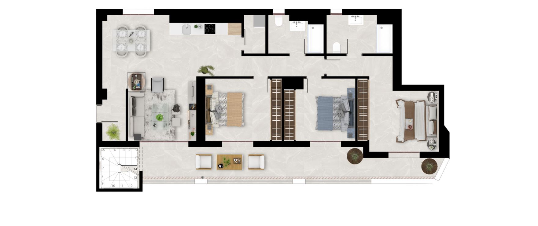 Plano apartamento 3 dormitorios y 2 baños.