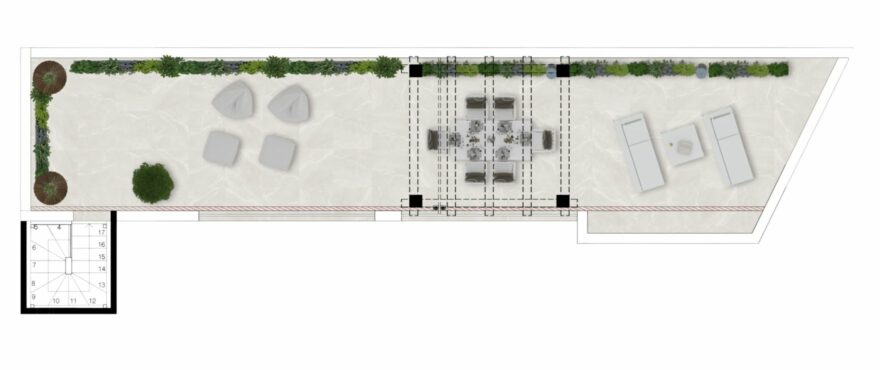 Plan of a 3-bedroom, 2-bathroom apartment. SOLARIUM