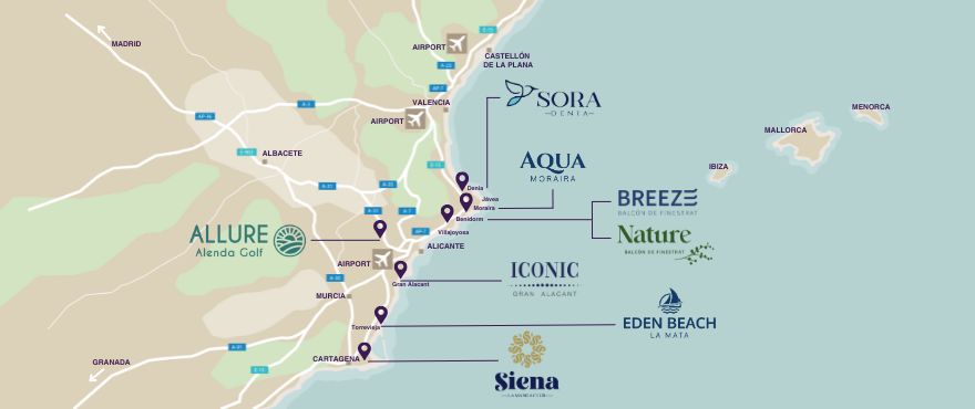 Mapa sytuacyjna osiedli firmy Taylor Wimpey España na Costa Blanca Mapa sytuacyjna osiedli firmy Taylor Wimpey España na Costa Blanca