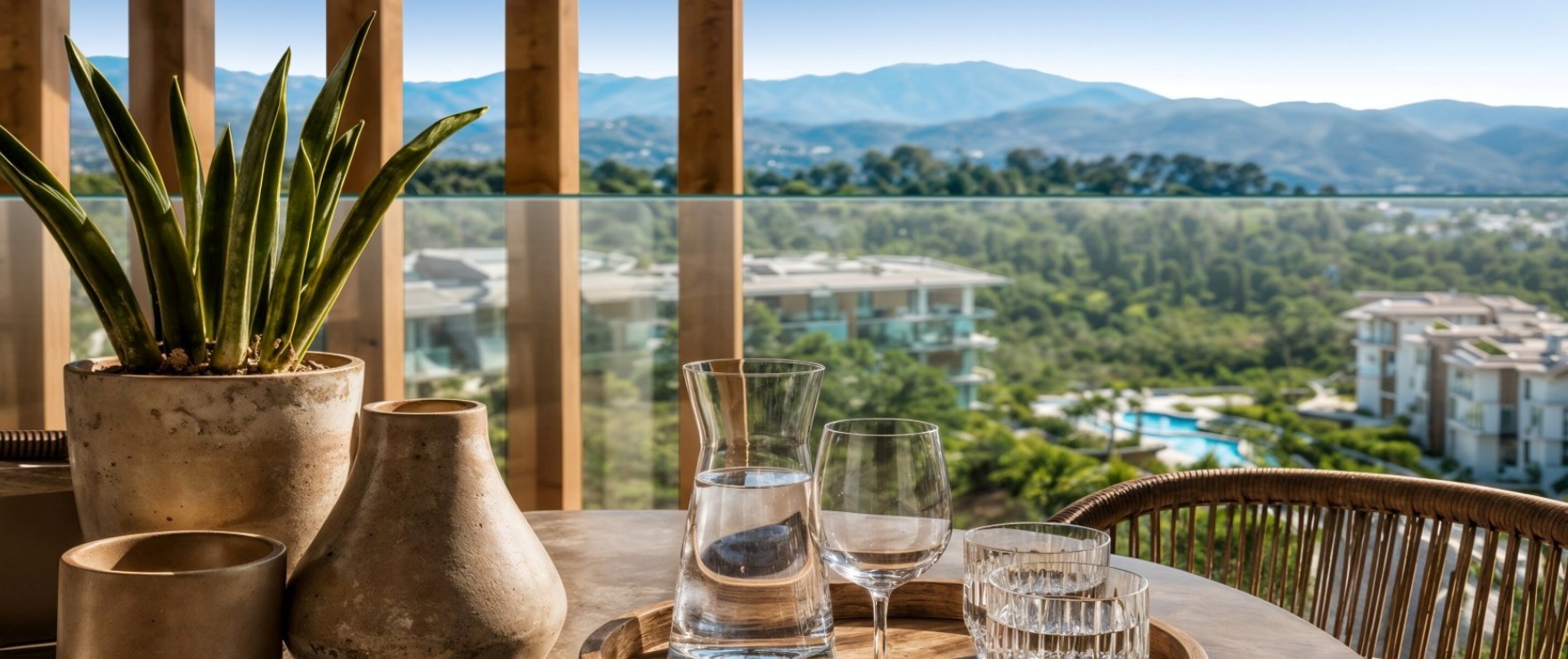Infinity, terrasse mit Blick auf das Meer und die Malgrats-Inseln in Peguera, Mallorca.