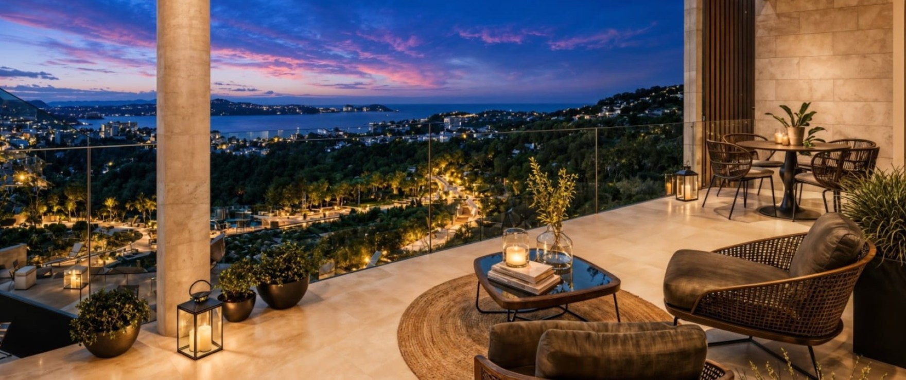 Infinity, terrasse mit Blick auf das Meer und die Malgrats-Inseln in Peguera, Mallorca.