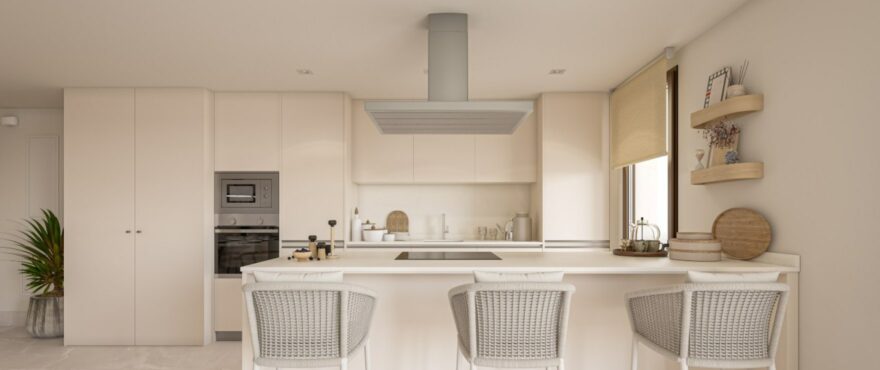 Almazara Gardens: Living room, dining room and integrated kitchen at the new development on sale.