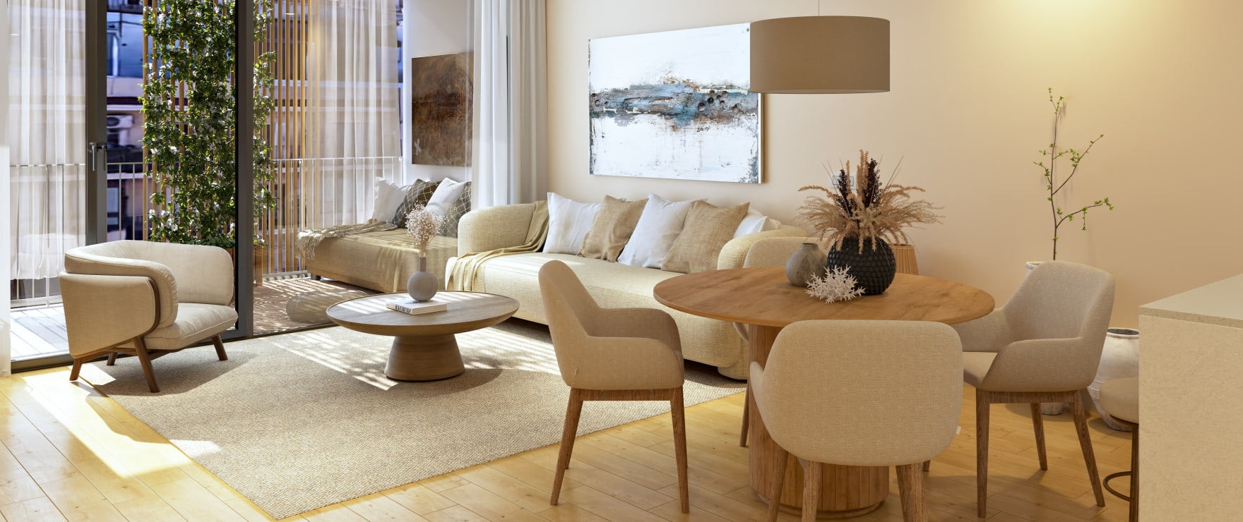 COR 39: Bright, spacious living room with integrated kitchen. COR 39: Bright, spacious living room with integrated kitchen.