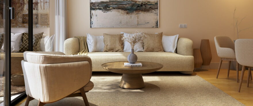 COR 39: Bright, spacious living room with integrated kitchen.