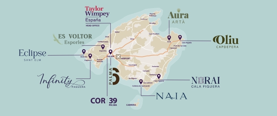 Mapa osiedli mieszkaniowych Taylor Wimpey España na Mallorca