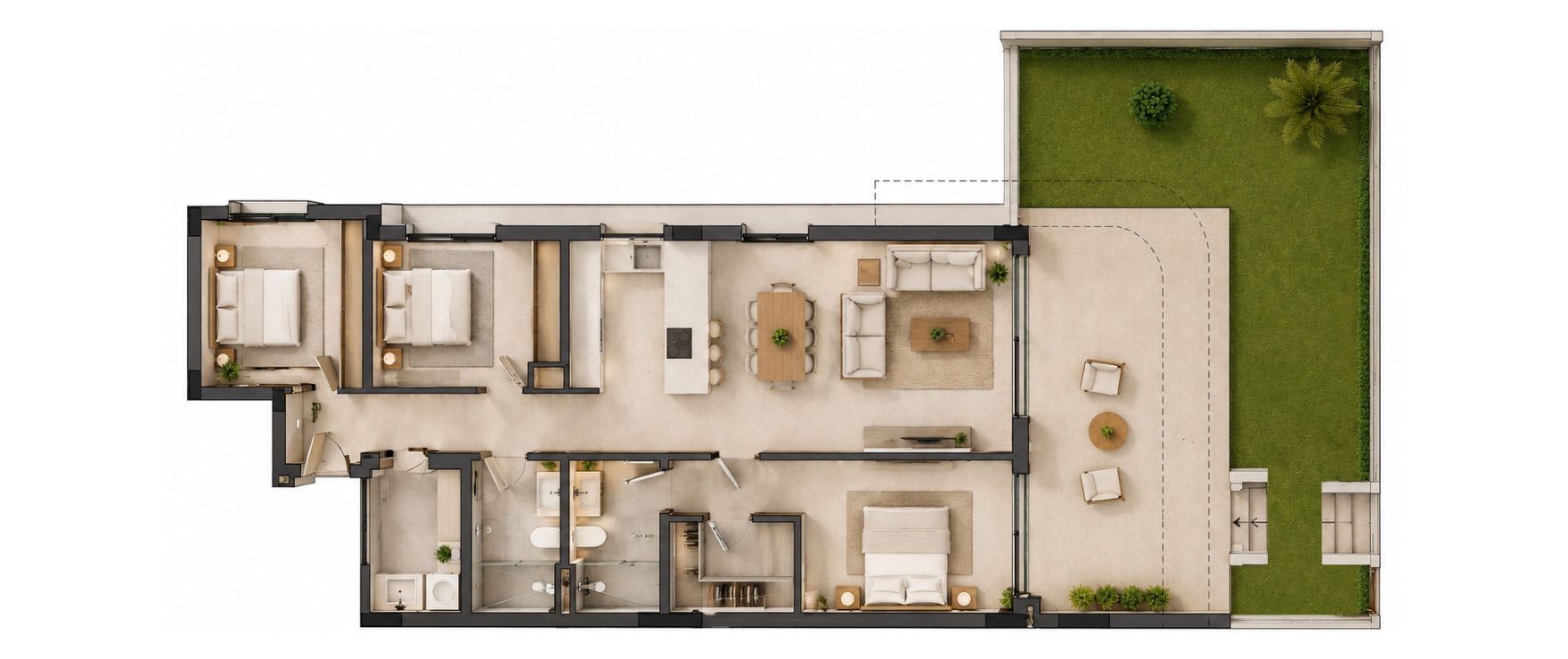 Plano 3: Planta baja con jardín privado. 3 dormitorios.